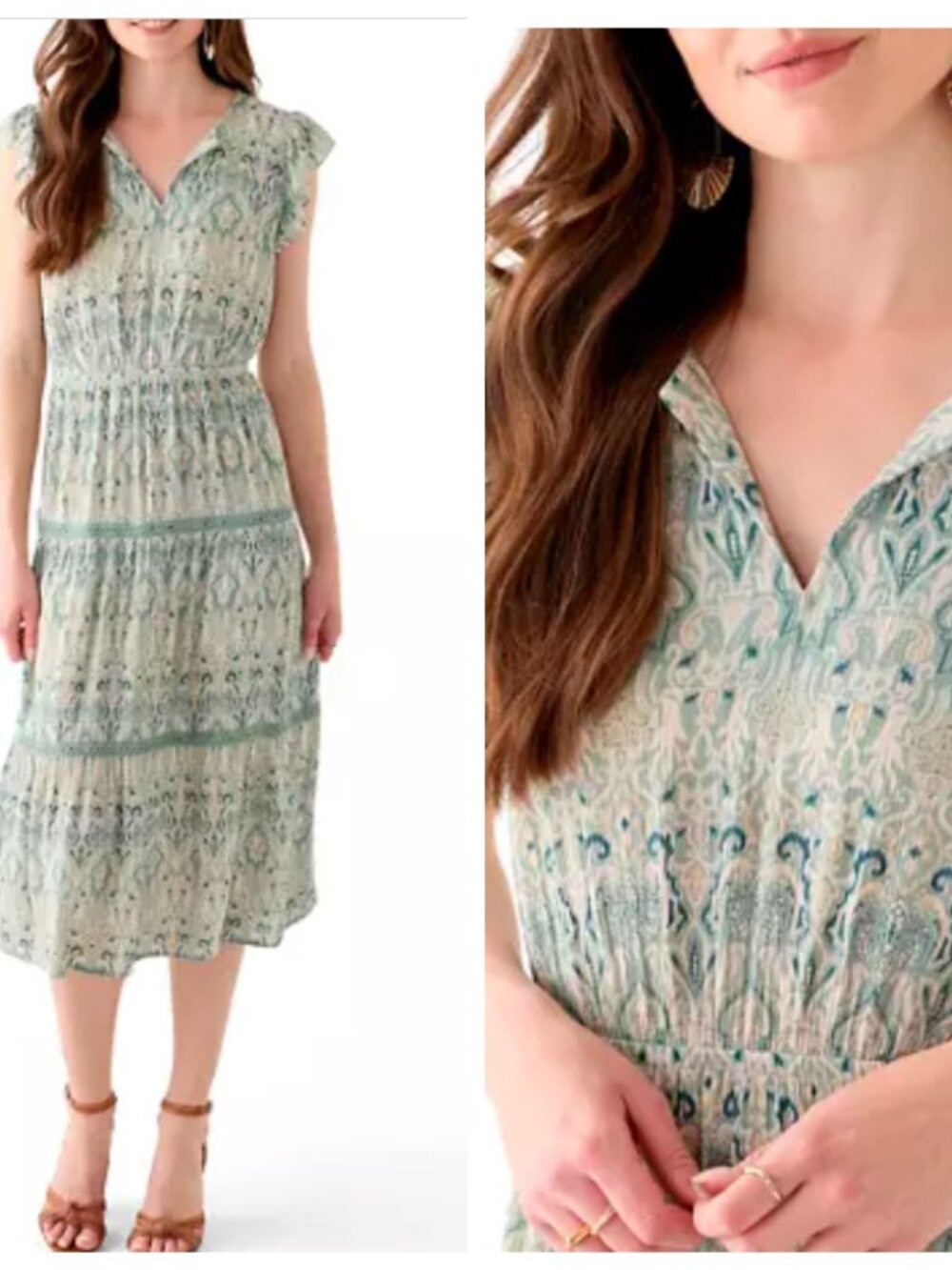 Lucky Brand Boho Tiered Midi Dress L Rayon Damask Floral Flutter Sleeve
